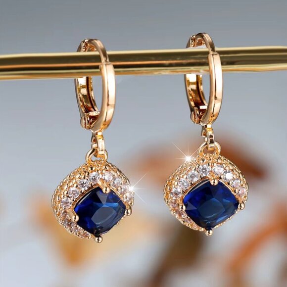 NEW 14k Yellow Gold Blue Sapphire Diamond Hoop Earrings - Picture 1 of 6